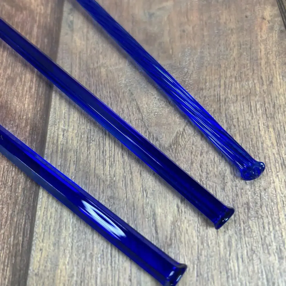 Set of 3 Vintage Czech Sapphire Blue Glass Serving Fork & Spoons 9.75